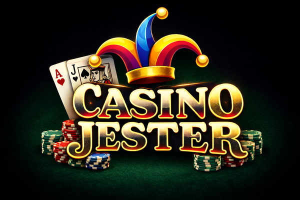Casino Jester logo with bold white text on a black background, topped by a colourful jester hat in red, yellow, and blue.
