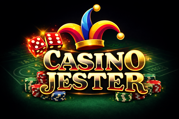 Casino Jester logo with bold white text on a black background, topped by a colourful jester hat in red, yellow, and blue.