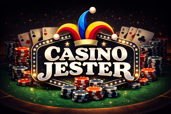 Casino Jester logo with bold white text on a black background, topped by a colourful jester hat in red, yellow, and blue.