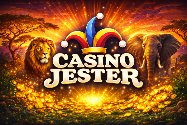 Casino Jester logo with bold white text on a black background, topped by a colourful jester hat in red, yellow, and blue.