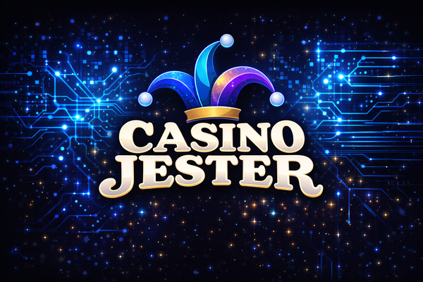 Casino Jester logo with bold white text on a black background, topped by a colourful jester hat in red, yellow, and blue.