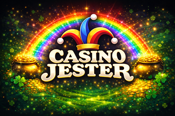 Casino Jester logo with bold white text on a black background, topped by a colourful jester hat in red, yellow, and blue.