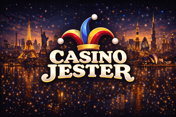 Casino Jester logo with bold white text on a black background, topped by a colourful jester hat in red, yellow, and blue.