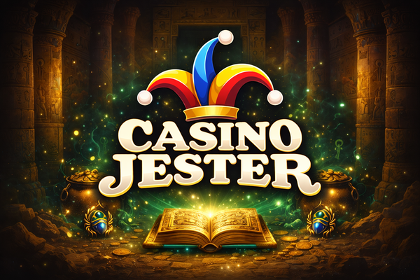 Casino Jester logo with bold white text on a black background, topped by a colourful jester hat in red, yellow, and blue.