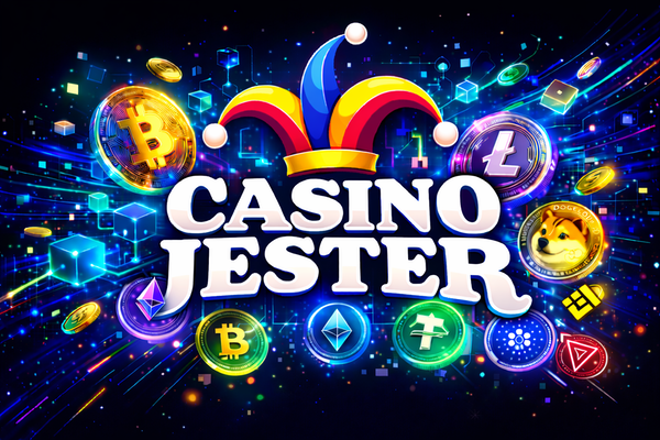 Casino Jester logo with bold white text on a black background, topped by a colourful jester hat in red, yellow, and blue.