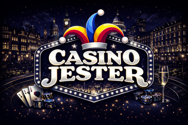 Casino Jester logo with bold white text on a black background, topped by a colourful jester hat in red, yellow, and blue.