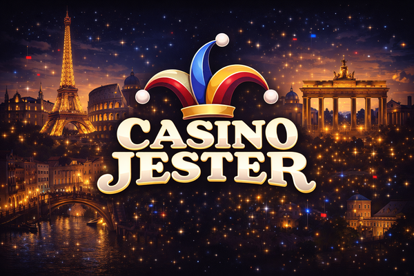 Casino Jester logo with bold white text on a black background, topped by a colourful jester hat in red, yellow, and blue.