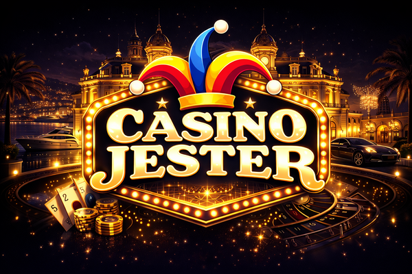 Casino Jester logo with bold white text on a black background, topped by a colourful jester hat in red, yellow, and blue.