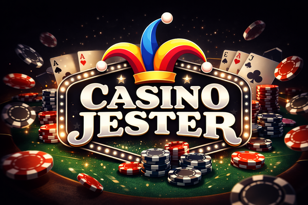 Casino Jester logo with bold white text on a black background, topped by a colourful jester hat in red, yellow, and blue.