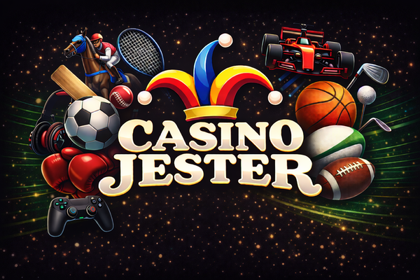 Casino Jester logo with bold white text on a black background, topped by a colourful jester hat in red, yellow, and blue.
