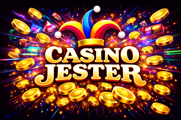 Casino Jester logo with bold white text on a black background, topped by a colourful jester hat in red, yellow, and blue.
