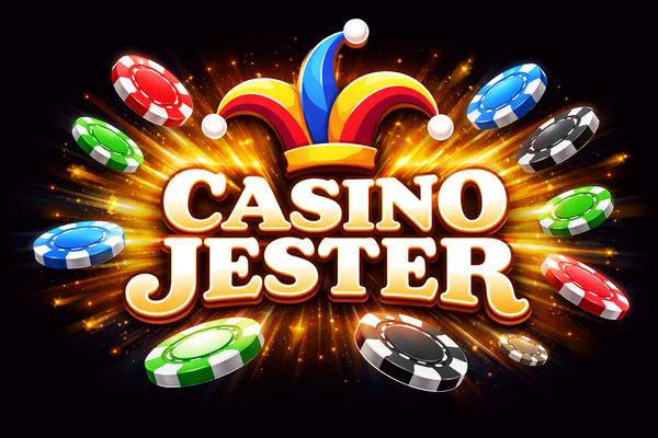 Casino Jester logo with bold white text on a black background, topped by a colourful jester hat in red, yellow, and blue.