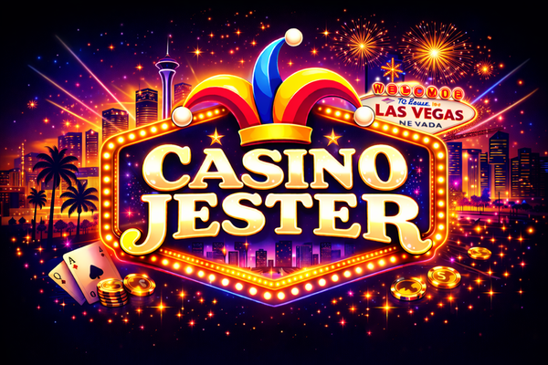 Casino Jester logo with bold white text on a black background, topped by a colourful jester hat in red, yellow, and blue.