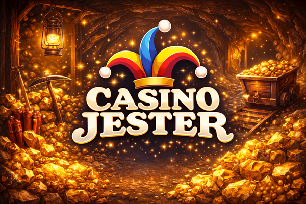 Casino Jester logo with bold white text on a black background, topped by a colourful jester hat in red, yellow, and blue.