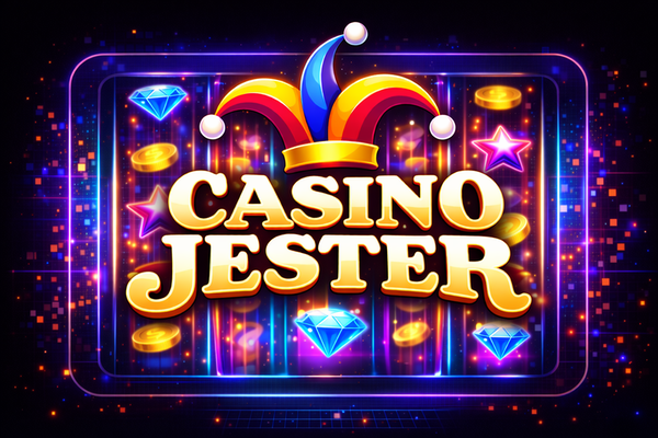 Casino Jester logo with bold white text on a black background, topped by a colourful jester hat in red, yellow, and blue.