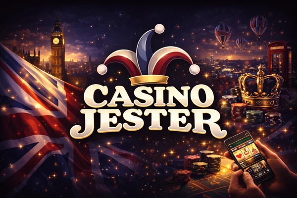 Casino Jester logo with bold white text on a black background, topped by a colourful jester hat in red, yellow, and blue.