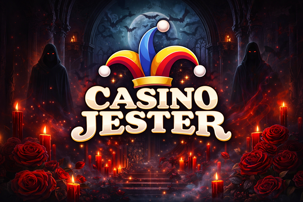 Casino Jester logo with bold white text on a black background, topped by a colourful jester hat in red, yellow, and blue.