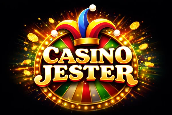 Casino Jester logo with bold white text on a black background, topped by a colourful jester hat in red, yellow, and blue.