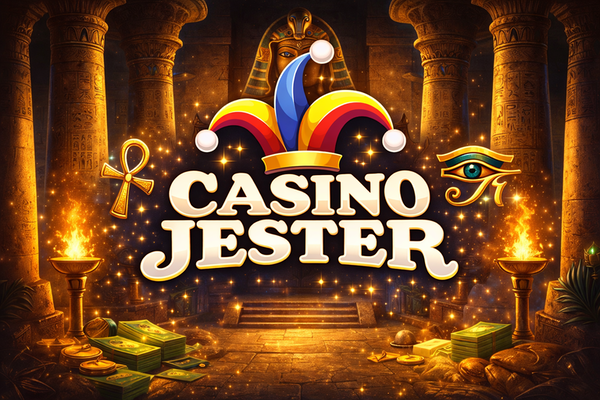 Casino Jester logo with bold white text on a black background, topped by a colourful jester hat in red, yellow, and blue.
