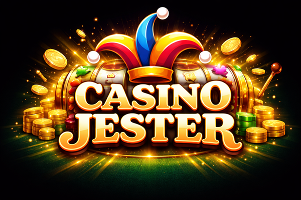 Casino Jester logo with bold white text on a black background, topped by a colourful jester hat in red, yellow, and blue.
