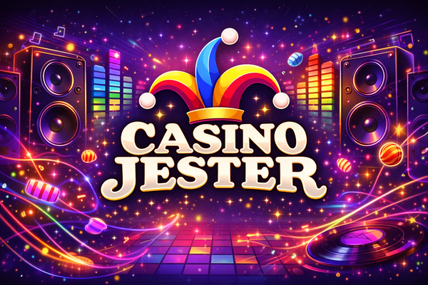 Casino Jester logo with bold white text on a black background, topped by a colourful jester hat in red, yellow, and blue.