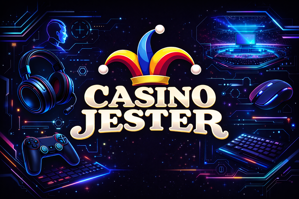 Casino Jester logo with bold white text on a black background, topped by a colourful jester hat in red, yellow, and blue.