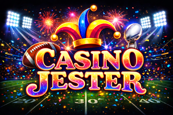 Casino Jester logo with bold white text on a black background, topped by a colourful jester hat in red, yellow, and blue.