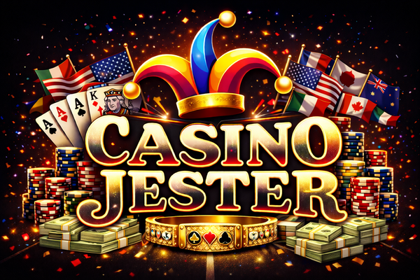 Casino Jester logo with bold white text on a black background, topped by a colourful jester hat in red, yellow, and blue.