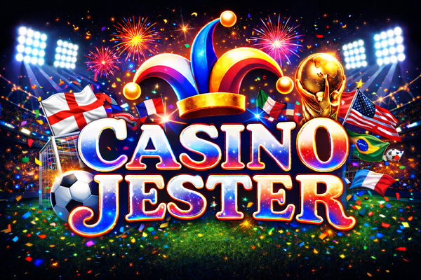 Casino Jester logo with bold white text on a black background, topped by a colourful jester hat in red, yellow, and blue.