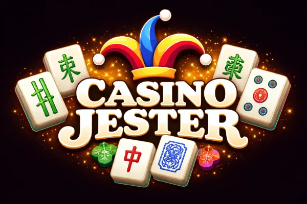 Casino Jester logo with bold white text on a black background, topped by a colourful jester hat in red, yellow, and blue.