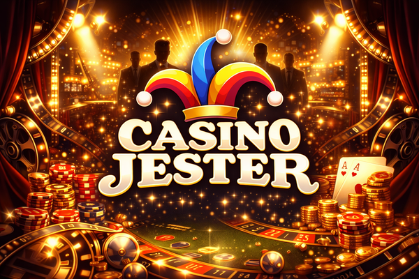 Casino Jester logo with bold white text on a black background, topped by a colourful jester hat in red, yellow, and blue.