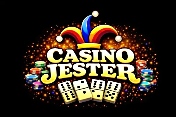 Casino Jester logo with bold white text on a black background, topped by a colourful jester hat in red, yellow, and blue.
