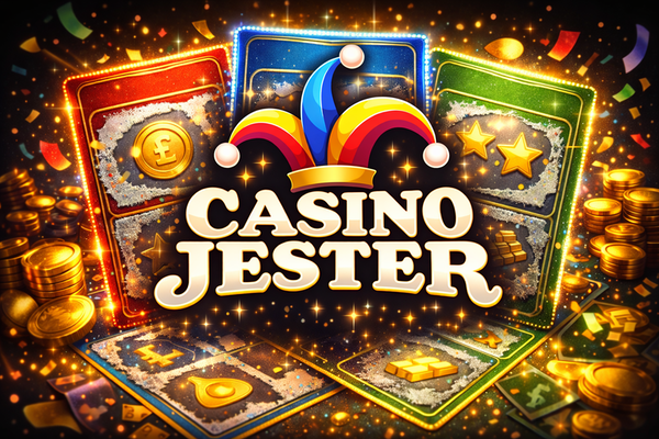 Casino Jester logo with bold white text on a black background, topped by a colourful jester hat in red, yellow, and blue.