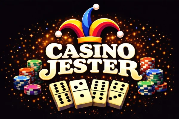 Casino Jester logo with bold white text on a black background, topped by a colourful jester hat in red, yellow, and blue.