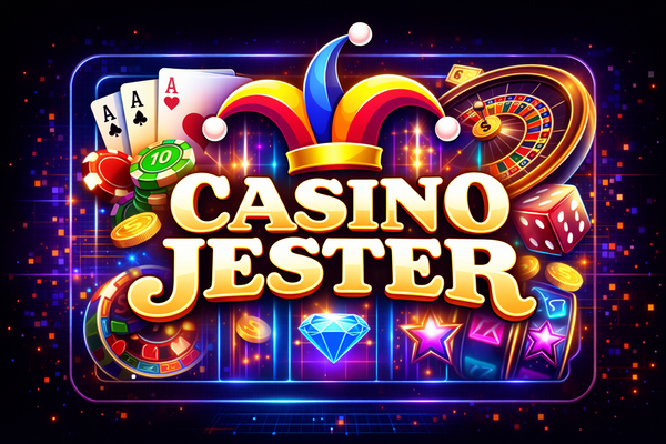 Casino Jester logo with bold white text on a black background, topped by a colourful jester hat in red, yellow, and blue.