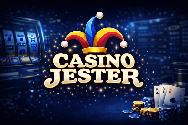 Casino Jester logo with bold white text on a black background, topped by a colourful jester hat in red, yellow, and blue.