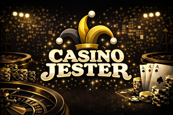 Casino Jester logo with bold white text on a black background, topped by a colourful jester hat in red, yellow, and blue.
