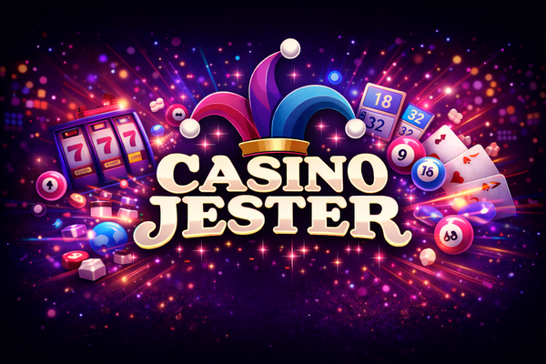 Casino Jester logo with bold white text on a black background, topped by a colourful jester hat in red, yellow, and blue.