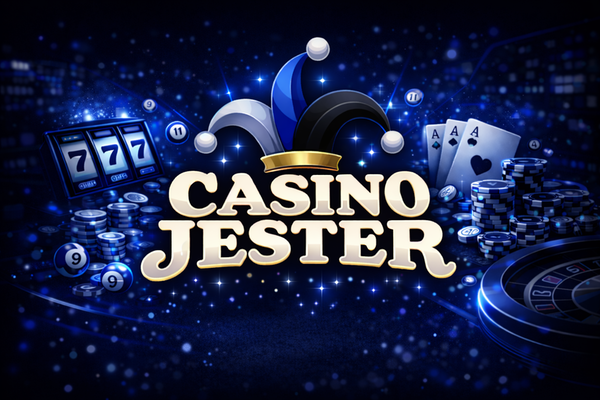 Casino Jester logo with bold white text on a black background, topped by a colourful jester hat in red, yellow, and blue.