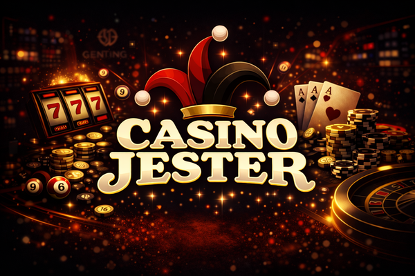 Casino Jester logo with bold white text on a black background, topped by a colourful jester hat in red, yellow, and blue.