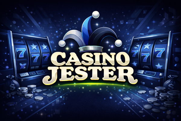 Casino Jester logo with bold white text on a black background, topped by a colourful jester hat in red, yellow, and blue.