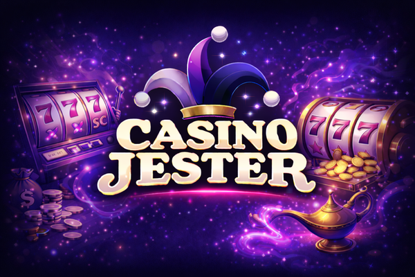 Casino Jester logo with bold white text on a black background, topped by a colourful jester hat in red, yellow, and blue.