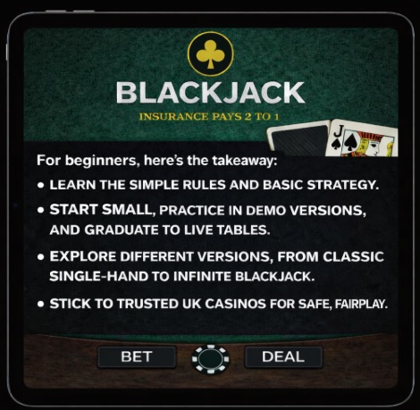 An image of a silver ipad on a black background, on the screen is a blackjack themed image with bold white text outlining THE TAKEAWAY FOR BEGINNERS reading this blog
