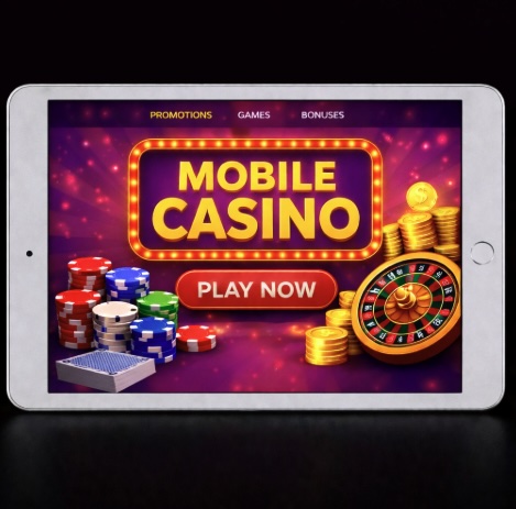An image of a silver ipad on a black background, on the screen is a mobile casino image