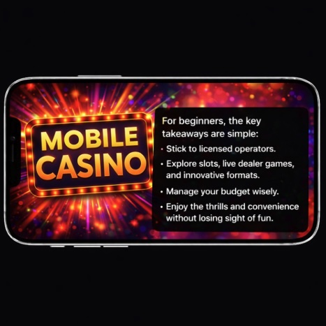 An image of a silver mobile on a black background, on the screen is a background image relating to mobile casinos and text outlining BEGINNERS TAKEAWAYS from reading this blog