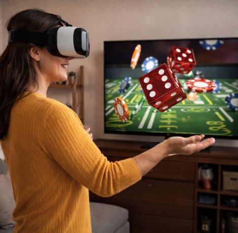 An image of a woman standing in her lounge room wearing a VR headset, on the screen is an image of CRAPS dice rolling dynamically across the game table