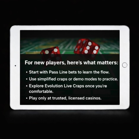 An image of a silver ipad on a black background, on the screen is the Craps dice in the background on a game table. In the centre is a black banner with white text outlining FOR NEW PLAYERS, HERE'S WHAT MATTERS.