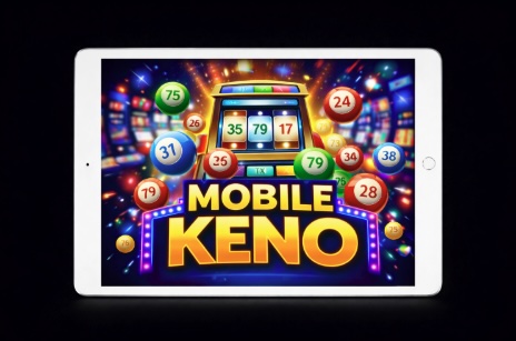An image of a silver ipad on a black background. on the screen is a MOBILE KENO image
