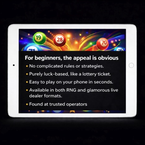 An image of a silver ipad on a black background, on the screen is a Keno themed background and text oultining that FOR BEGINNERS, THE APPEAL IS OBVIOUS and why