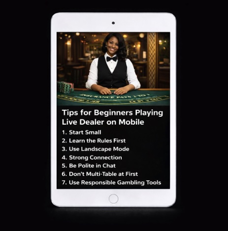 An image of a silver ipad on a black background, on the screen is a female host at a blackjack table with bold white text outlining TIPS FOR BEGINNERS PLAYING LIVE DEALER ON MOBILE